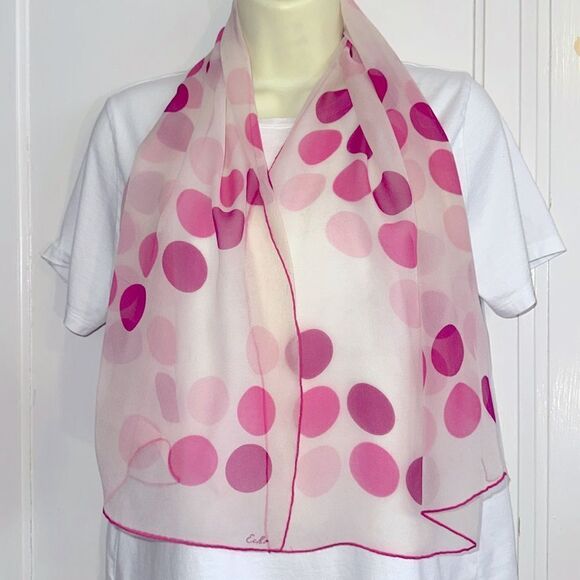 Vtg 60s Echo white semi sheer nylon polyester/pink polka dots rectangle scarf - Picture 1 of 11
